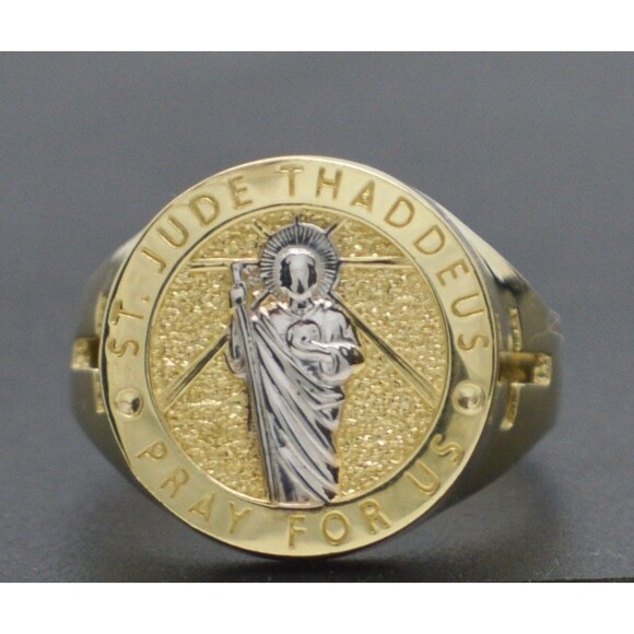 Real 10K Yellow Gold 17mm Mens Saint St Jude Thaddaeus Ring 4.8g All Sizes - Picture 1 of 5